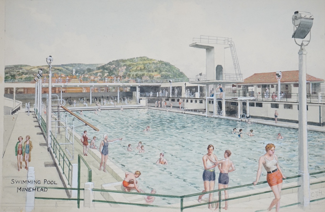 Charles Thomas Howard (1865-1942), a set of four original watercolours for postcard designs, Seaside towns comprising; ‘Swimming Pool, Minehead’, ‘Midland Hotel, Morecambe’, ‘East Cliff Putting Green, Sheringham’ and ‘Th